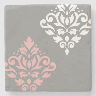 Porta-copo De Pedra Rolar Damask Art I Pink White Cinza