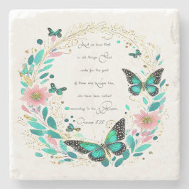 Porta-copo De Pedra Romanos 8:28 Flores e borboletas