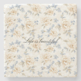 Porta-copo De Pedra Romantic Cream Floral Blue Leaves