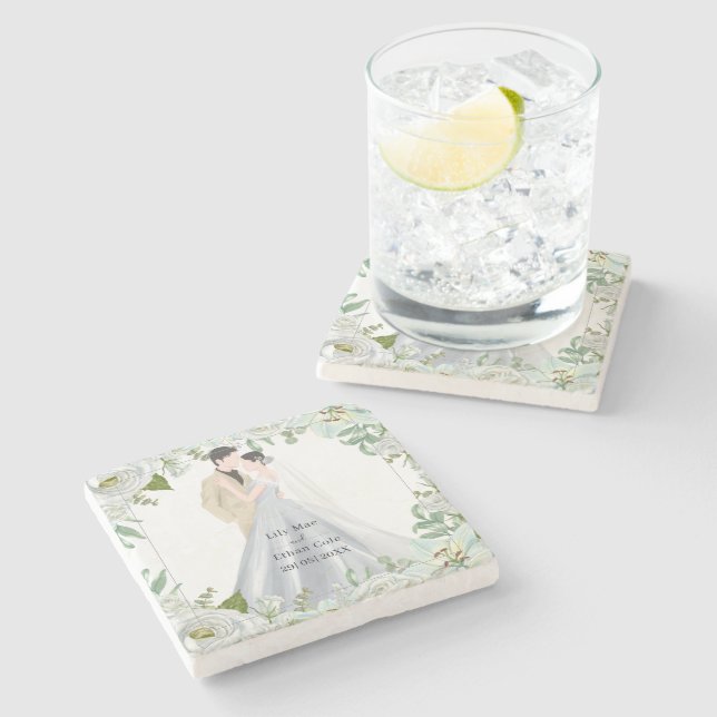 Porta-copo De Pedra Romantic Watercolor Wedding (Lateral)