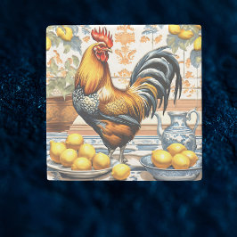Porta-copo De Pedra Rooster and Lemons Azulejo Style Blue Orange Cream