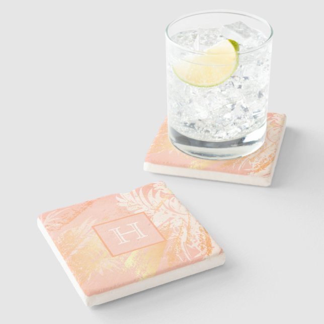 Porta-copo De Pedra Rosa dourado palmeira deixa monograma (Lateral)