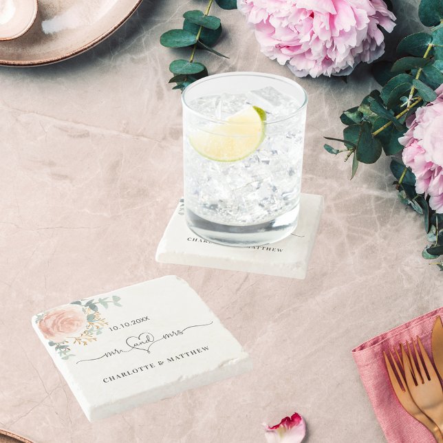 Porta-copo De Pedra Rosa dourado verde floral mr casamento (Criador carregado)