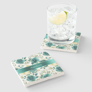 Porta-copo De Pedra Rosa Floral Verde Azul Romântico Creme