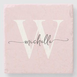Porta-copo De Pedra Rosa Moderno Personalizado Nome em Script Monogram