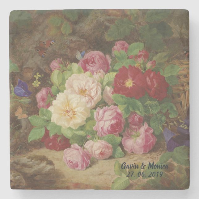 Porta-copo De Pedra Rosa no chão da floresta com borboletas (Frente)