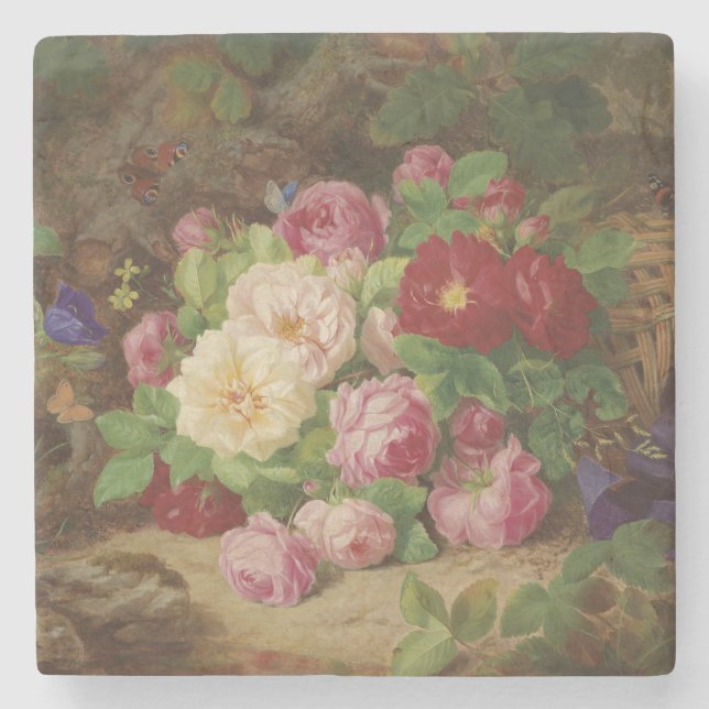 Porta-copo De Pedra Rosa no chão da floresta com borboletas (Frente)