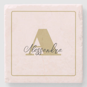 Porta-copo De Pedra Rosa Pastel Dourado Personalizado Inicial Preto No