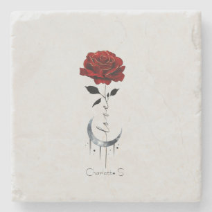 Porta-copo De Pedra Rosa vermelha Gótica e Lua Crescente com Amor