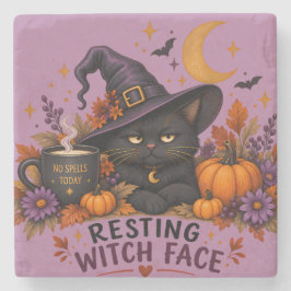 Porta-copo De Pedra Rosto de Bruxa Relaxada Gato Preto Halloween