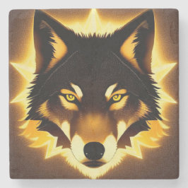 Porta-copo De Pedra Rosto de Lobo Radiante Iluminado por Luz Dourada