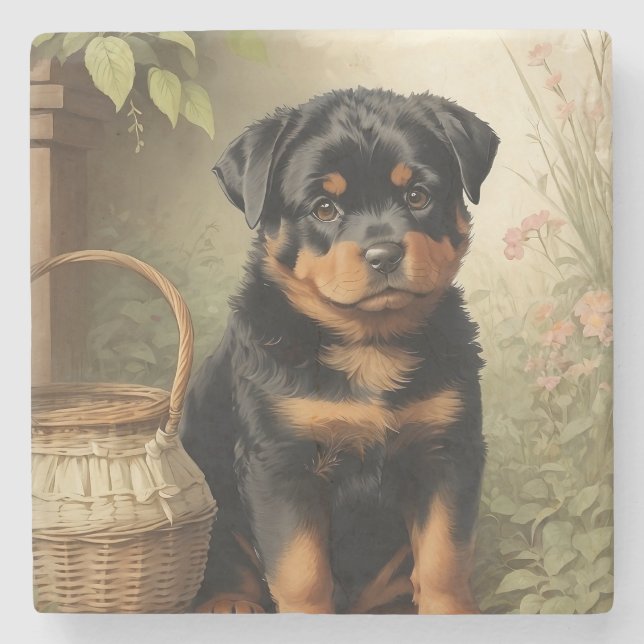 Porta-copo De Pedra Rottweiler Adorável (Frente)