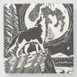 Porta-copo De Pedra Rouco de Howling Preto e Branco no Linocut da Noit