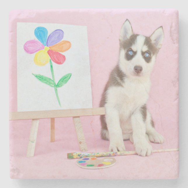 Porta-copo De Pedra Rouco Puppy Pintando uma Flor Arco-Íris (Frente)