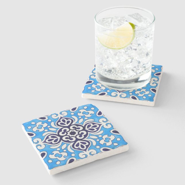 Porta-copo De Pedra Royal Blue Ceramic Classic Geometric Mosaic  (Lateral)