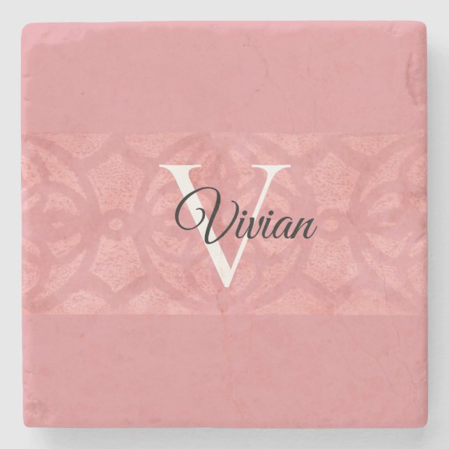 Porta-copo De Pedra Ruddy Pink Batik Name Monogrammed (Frente)