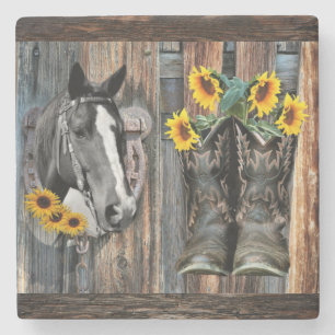 Porta-copo De Pedra Rustic Western Horse Cowboy Botas Sunflower Stone