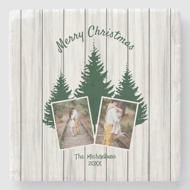 Porta-copo De Pedra Rustic Woodland Christmas Photo (Frente)
