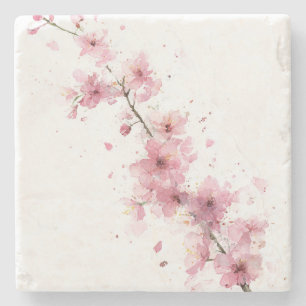 Porta-copo De Pedra Sakura Floral Boho Aquarela Cerejeira Rosa