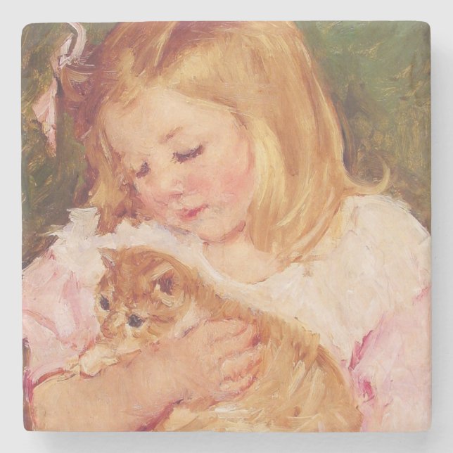 Porta-copo De Pedra Sara Holding um Gato (por Mary Cassatt) (Frente)