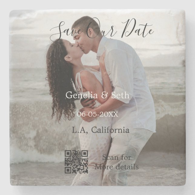 Porta-copo De Pedra Save the date simple minimal QR scan code details  (Frente)