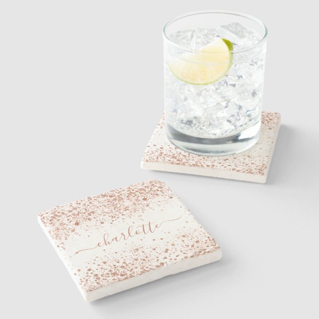 Porta-copo De Pedra script rosa gold glitter white name (Lateral)