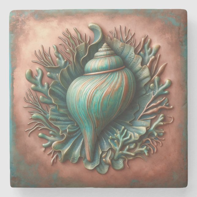 Porta-copo De Pedra Seashell Copper e Patina Beach House (Frente)
