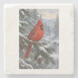 Porta-copo De Pedra Sempre-verde Nevado com um Cardinal Vermelho Brilh