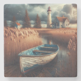 Porta-copo De Pedra Serenidade Costeira: Farol e Rowboat