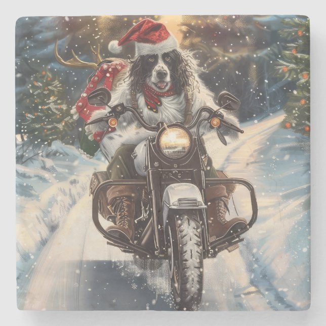 Porta-copo De Pedra Setter Inglês Cachorro Pilotando Moto Natal (Frente)