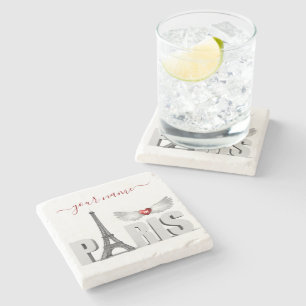 Porta-copo De Pedra Seu nome em Paris Torre Eiffel Torre Heart Wings