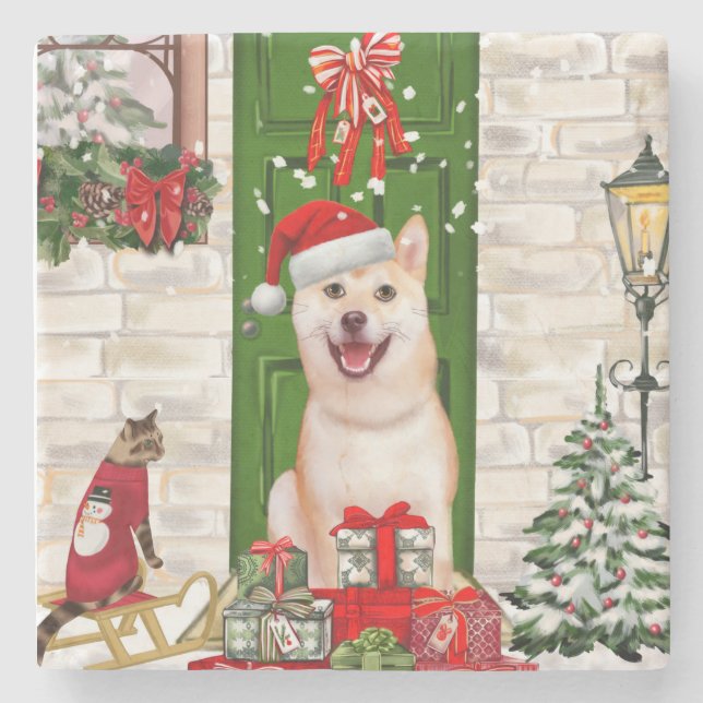 Porta-copo De Pedra Shiba Inu Dog Natal (Frente)