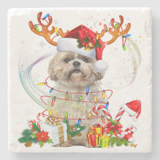 Porta-copo De Pedra Shih Tzu Christmas Reindeer | Christmas Lights