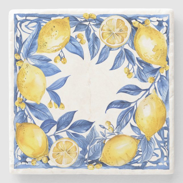 Porta-copo De Pedra Sicilian Lemon Tiles Pattern Mediterranean Dolce  (Frente)