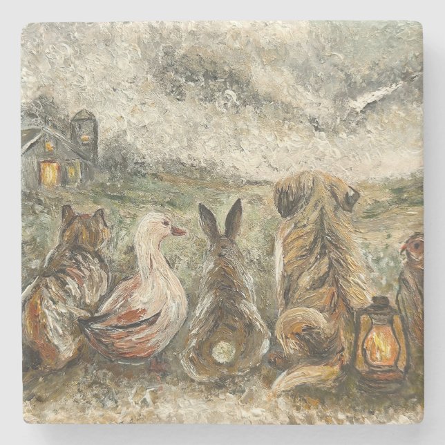 Porta-copo De Pedra Silent Watching Whimsical Farmhouse Animals  (Frente)