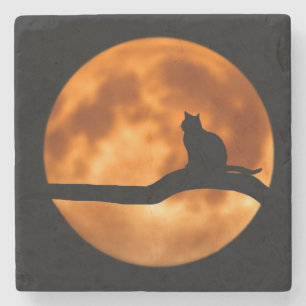 Porta-copo De Pedra Silhueta de um gato preto em uma árvore