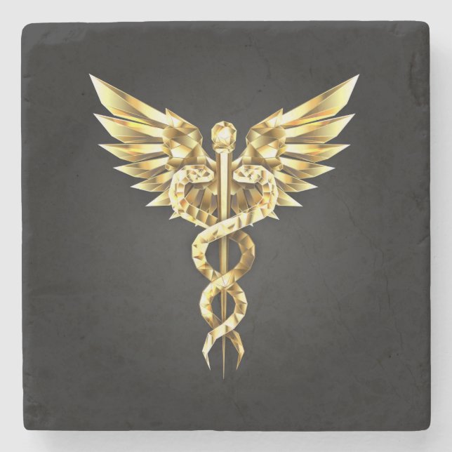 Porta-copo De Pedra Símbolo Poligonal Dourado Caduceus (Frente)