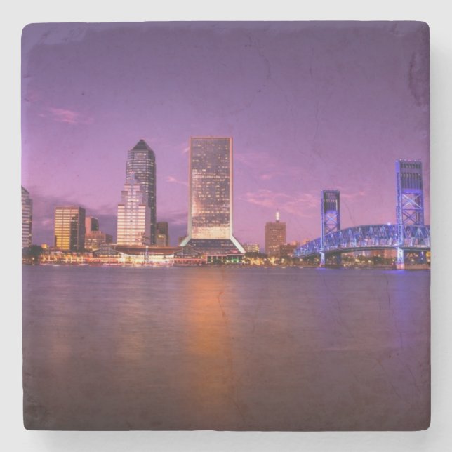 Porta-copo De Pedra Skyline de Jacksonville Florida na noite (Frente)