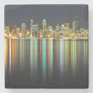 Porta-copo De Pedra Skyline de Seattle na noite com reflexão
