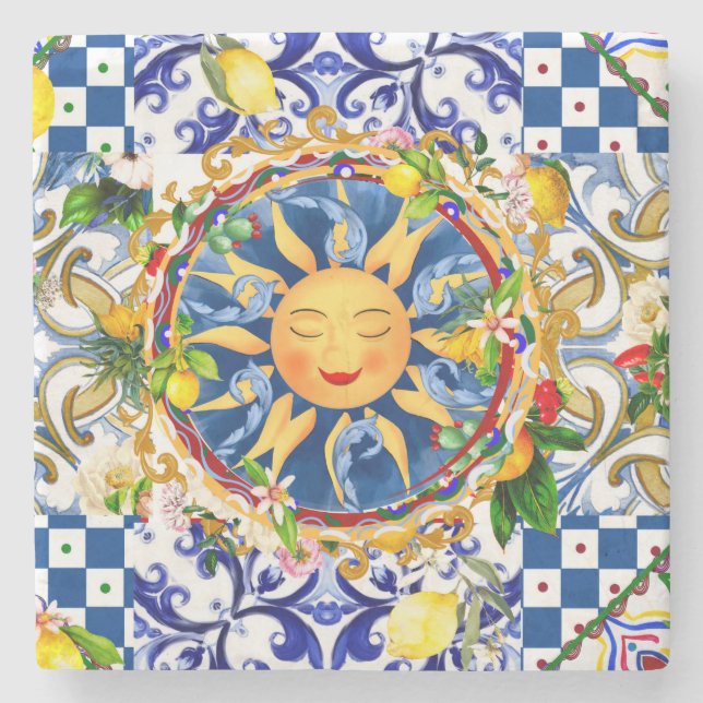 Porta-copo De Pedra Sol siciliano,limão,azulejos mediterrâneos (Frente)