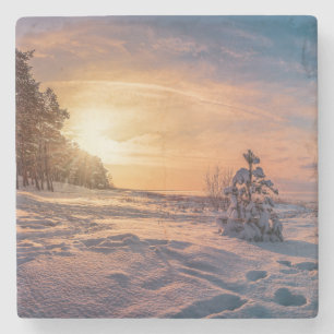 Porta-copo De Pedra Sol sobre neve, costa marítima de inverno