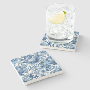 Porta-copo De Pedra Sonhos Azuis   Chinoiserie de Aquarela Floral Bran