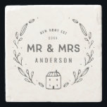 Porta-copo De Pedra Sr. e Sra. Nova casa ou recém-casados<br><div class="desc">O Sr. e a Sra. nova casa ou a nova almofada. A mão desenhou detalhes florais e caseiros pequenos. A cor de fundo pode ser alterada.</div>