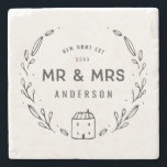 Porta-copo De Pedra Sr. e Sra. Nova casa ou recém-casados<br><div class="desc">O Sr. e a Sra. nova casa ou a nova almofada. A mão desenhou detalhes florais e caseiros pequenos. A cor de fundo pode ser alterada.</div>