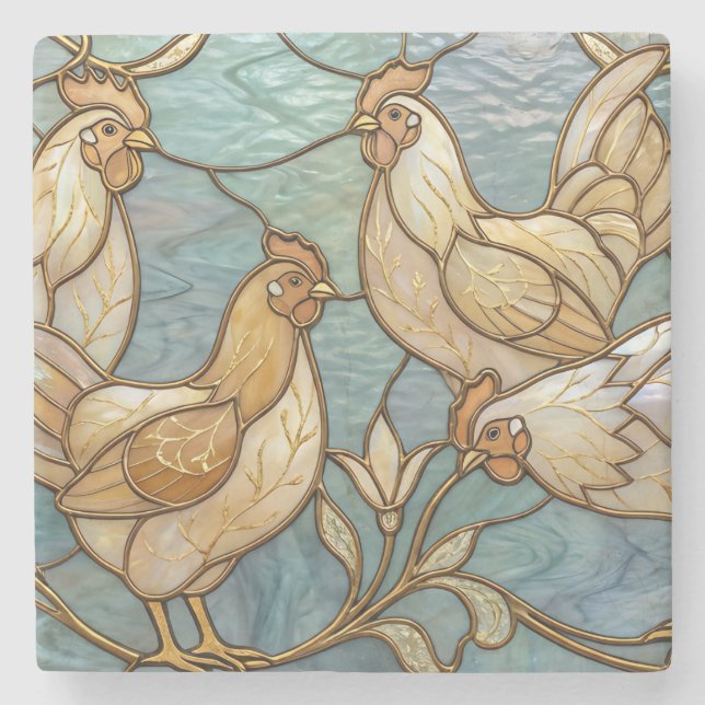 Porta-copo De Pedra Stained Glass Roosters Elegant Chicken Farmhouse (Frente)