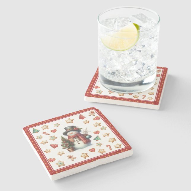 Porta-copo De Pedra Stone Coaster Snowman and Christmas Cookies Red (Lateral)