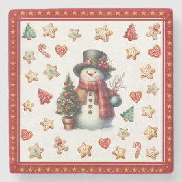 Porta-copo De Pedra Stone Coaster Snowman and Christmas Cookies Red