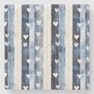 Porta-copo De Pedra Stripes do Coração de Denim Branco Azul