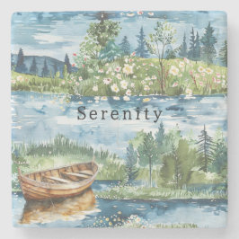 Porta-copo De Pedra Summer Lake Boat Flowers Serenity