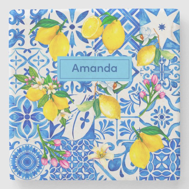 Porta-copo De Pedra Summer majolica azul Siciliana (Frente)